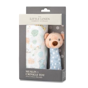 Little Linen Muslin Wrap & Crinkle Toy - Safari Bear