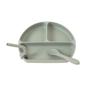 Silicone Plate with Straw & Spoon - Olive